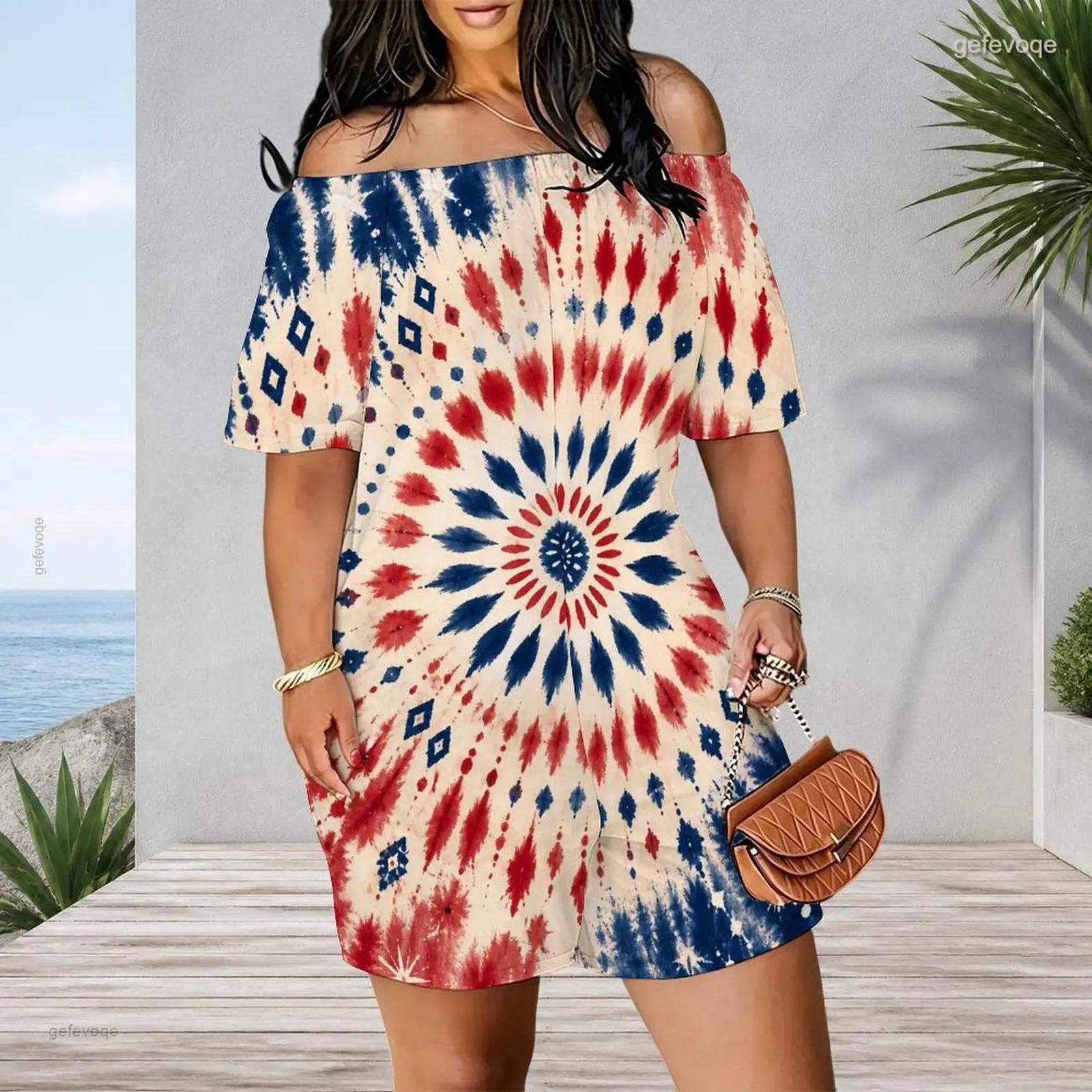 Printed Romper for Women Off Shoulder Short Sleeve Loose Fit Side Pockets