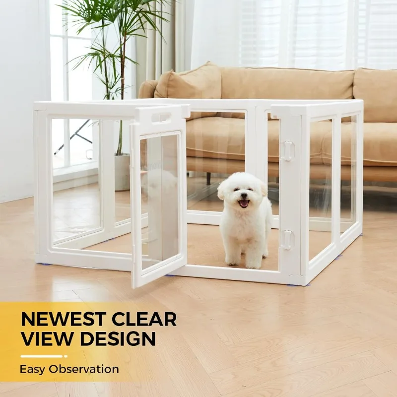 Clear Acrylic Plastic Dog Playpen Indoor,Transparent Easy Assemble Foldable Whelping Box Crate Kennel Enclosure Fence