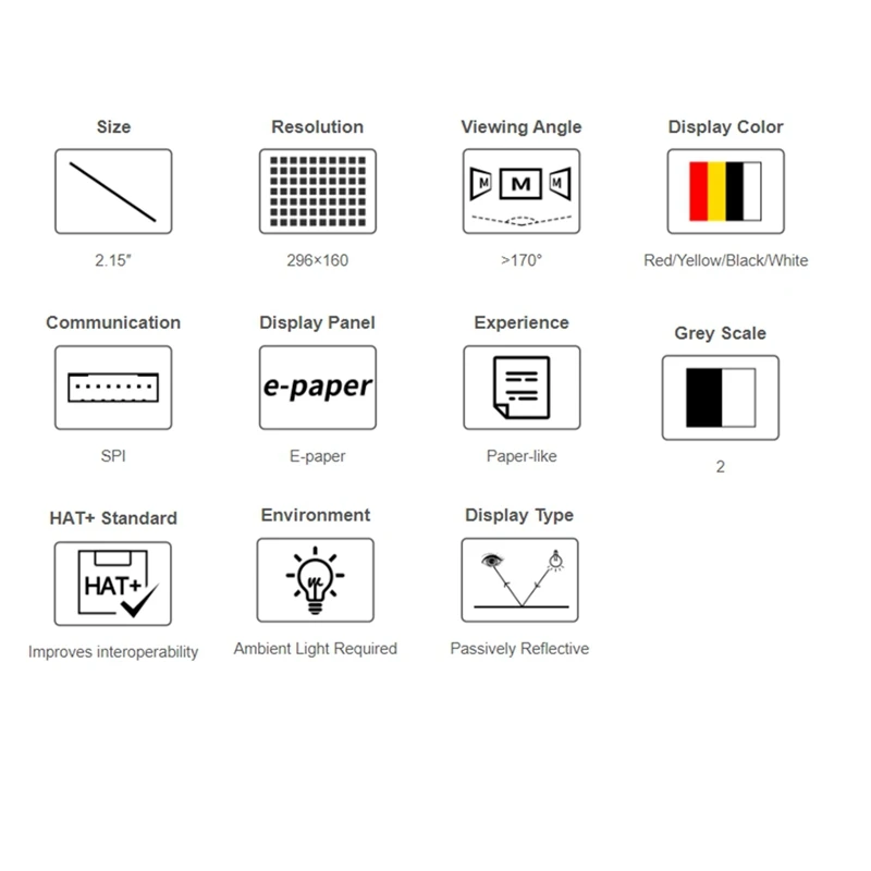 2.15Inch E-Paper Display (G), E-Ink Display, 296X160 Pixel, Red/Black/White/Yellow Electronic Ink Screen, SPI Interface