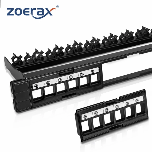 ZoeRax 24-portowy nieosłonięty panel krosowy Cat6 Cat5e, wyjmowane wkładki, 19-calowy/1U panel krosowy sieciowy Użyj tylko profilu Slim Keystone