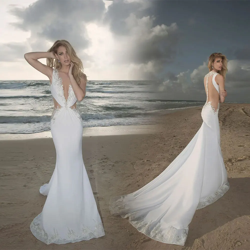 Abiti da sposa Sexy a sirena bianca con scollo a V profondo Appliques in pizzo abiti da sposa in raso donna Summer Beach Robes De Mariée Custom Made