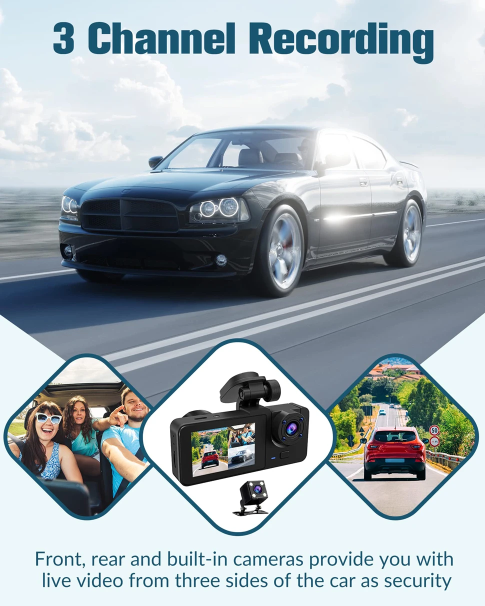 Dash Cam for Car Camera Video Recorder Dashcam DVRs Black Box 3 * Lens DVR with Rear View Camera 24H Parking Monitor 3 Channel