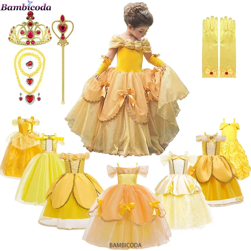 2024 Cosplay Belle Princess Dress Girls Dresses For Beauty and beast Kids Party Clothing Magic stick crown Children Costume