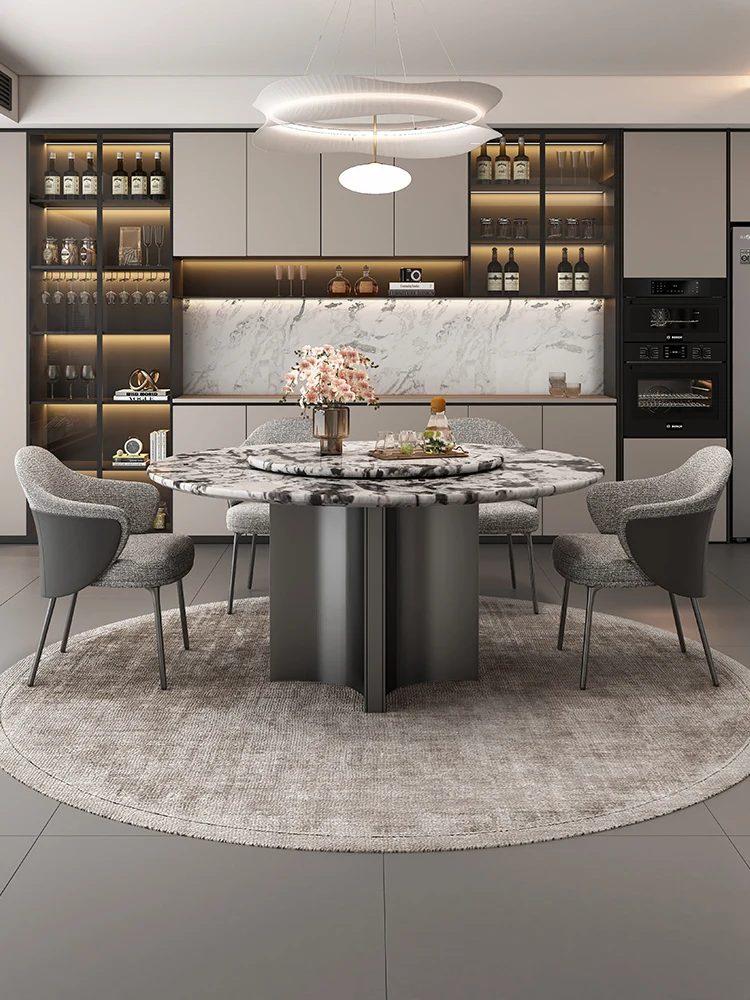

Natural luxury stone dining table imported marble snow mountain flying fox new high-end Italian light luxury round table and cha