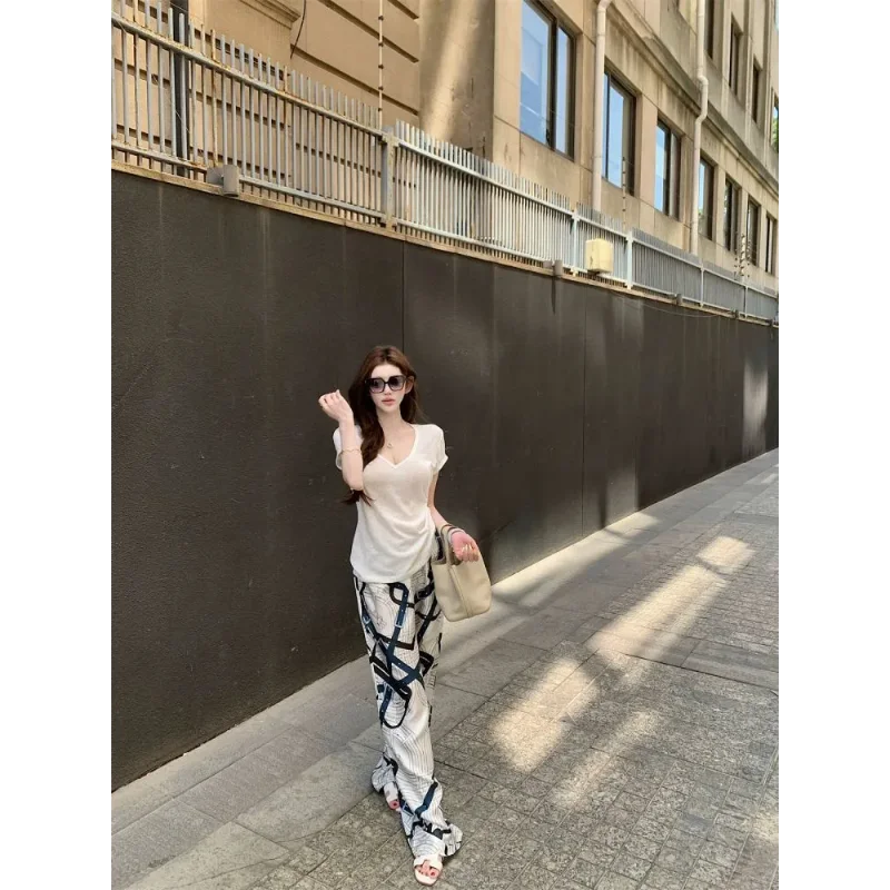 Old Money Style Casual Wide Leg Pants Women's Summer Thin Versatile High Waist Draped Printed Sports Pants Trendy