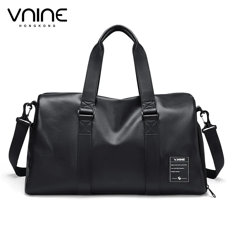 V.NINE Mens Leather Travel Bag Black Traveling Shoulder Bags for Man Luggage Duffle Handbag with Shoe Compartment Waterproof 25l