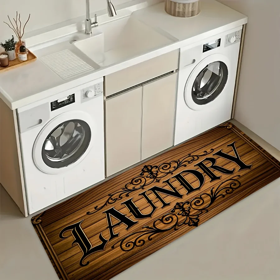 1pc Vintage Farmhouse Wood‑Grain Letter Printed Long Runner Rug, Home Decor Floor Mat for Laundry Room, Hallway, Entryway