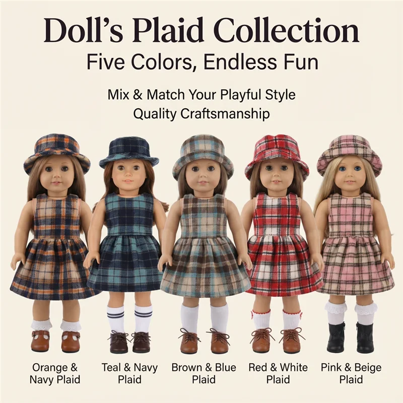 18inch American Girl Doll Outfits Clothes British Style Checkered Skirt Dress Set 43cm Baby Reborn Doll Dolls Clothing Gift