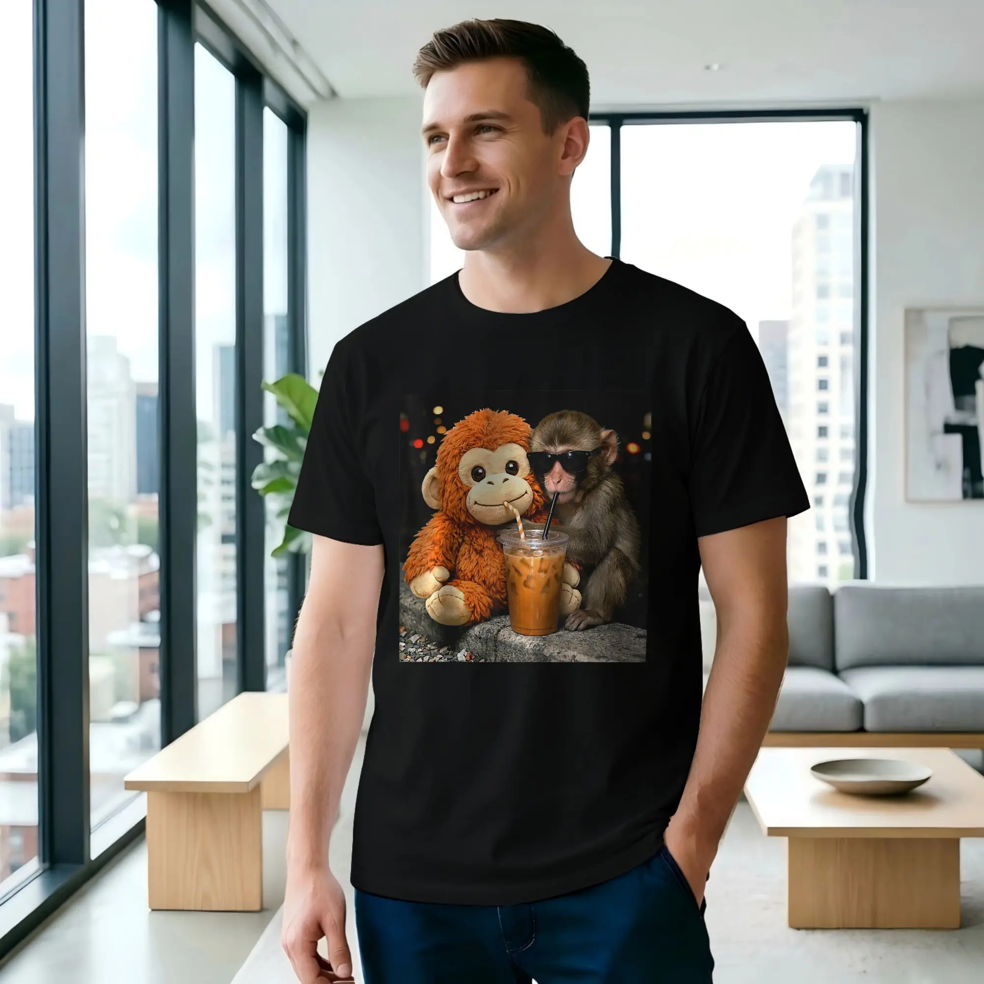 Monkey Punch Drinking Iced Coffee Men's T Shirt Punch Monkey Amazing Tees Short Sleeve Crew Neck Cotton Printing Clothes T-Shirt