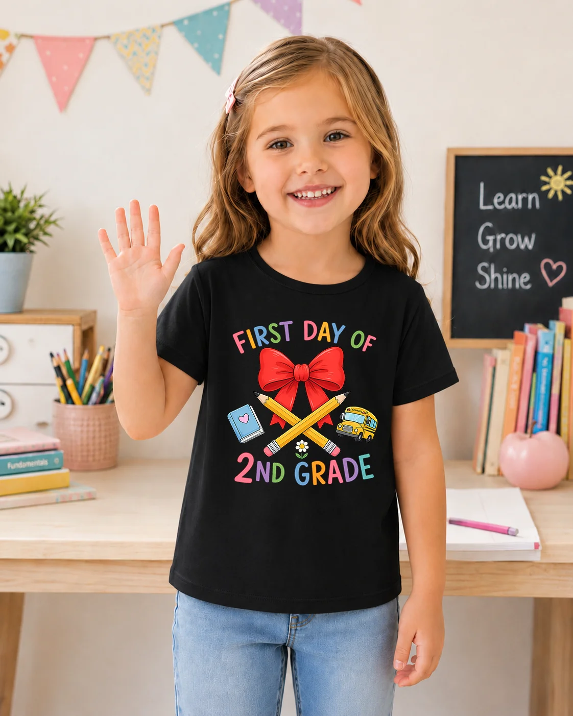 Girls First Day of 2nd Grade T-Shirt Cute Bow Pencil School Bus Print Kids Short Sleeve Tee Back To School Children Casual Cotto