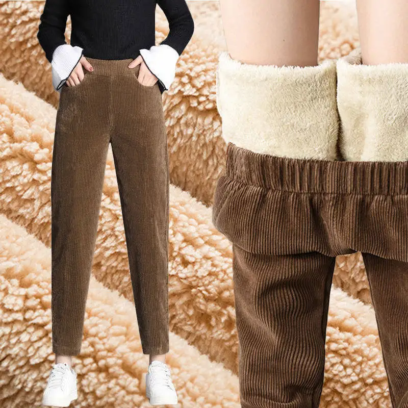 ​​Corduroy Pants Women Winter Plush Lined Wide Leg Relaxed Fit Fleece Insulated Ribbed Trousers Vintage Street Style Leggings