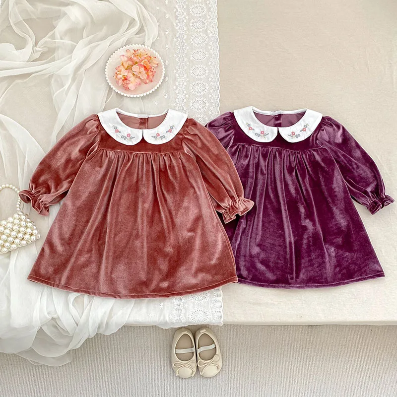 

2025 Autumn Kids Girl Velvet Flower Embroidered Collar Long Sleeves Fashionable Children Dresses For Baby Girls Princess Dress