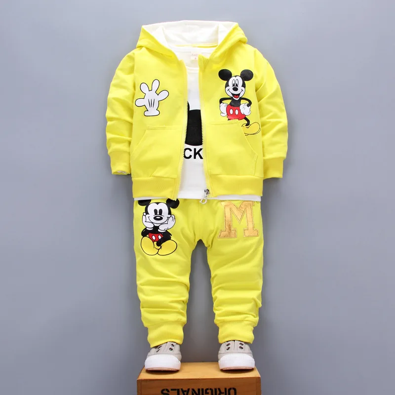 Disney Jesień Zima Chłopcy Dziewczęta Ubrania Zestaw Śliczny Mickey Bawełniany płaszcz z kapturem + T-shirt + Spodnie 3PCS Zestaw Casual Kids