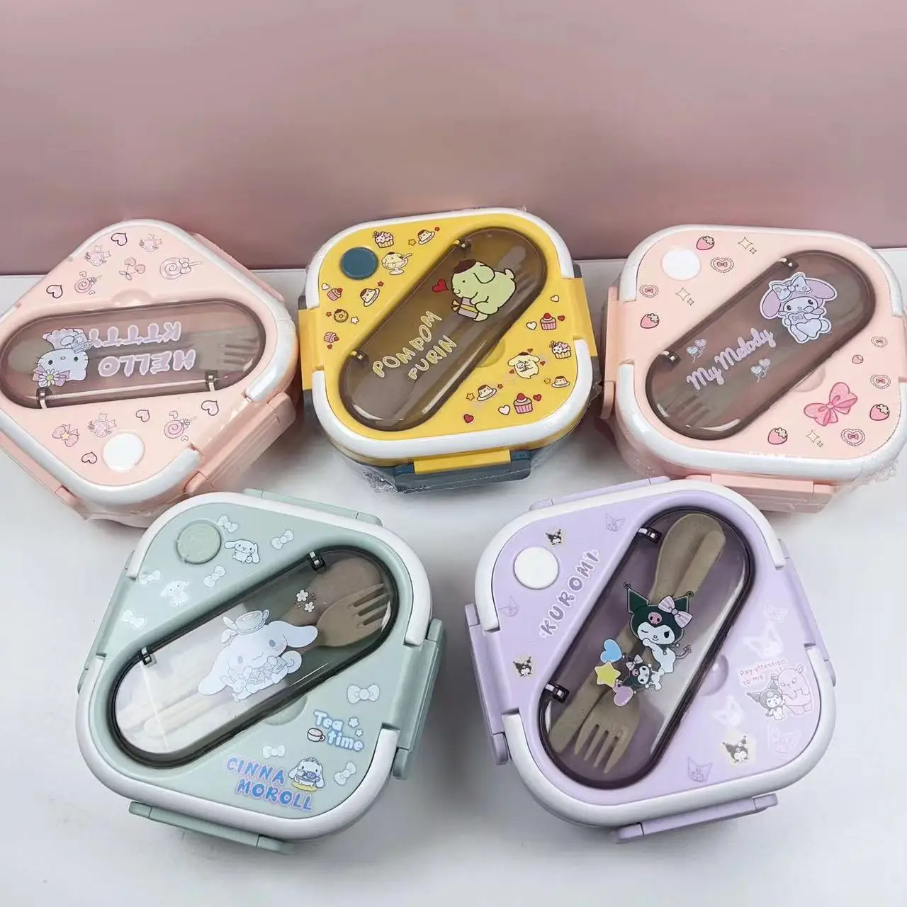 

New Sanrio Kuromi Melody Pudding Dog Kitty Plastic Compartment Lunch Box Microwave Japanese Tableware Insulated Bento Box Quick