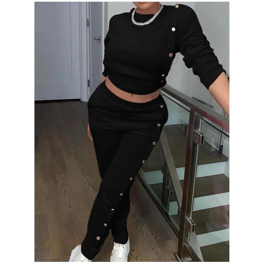 Fashion Side Button Long Sleeve Hoodie Women\'s Suit Autumn Winter New Solid Color Casual Sports Hoodie Pants Female 2 Piece Set