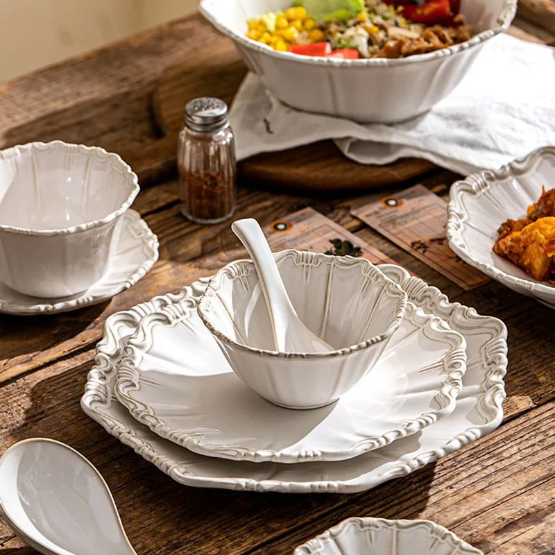 Retro Relief Ceramic Plate Bowl Creativity Distressed Style Western Dinner Plates French Style Household Restaurant Tableware