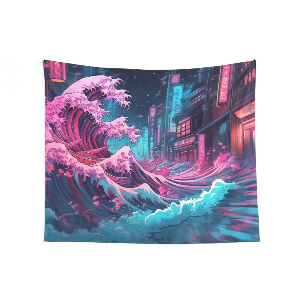 The Great Wave Off Kanagawa Cyberpunk neon style Tapestry House Decorations Wallpaper Wall Decor Hanging Tapestry