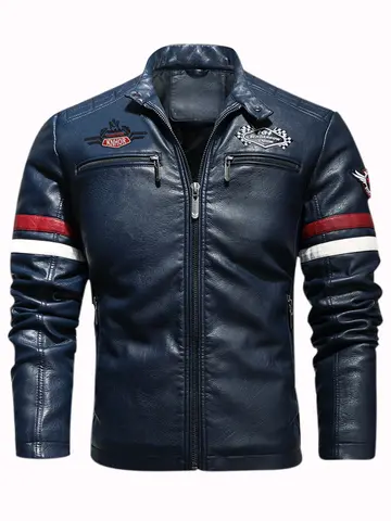 Men's PU Leather Motorcycle Racing Jacket Thin Embroidered Biker Color Zipper Closure Casual Outerwear