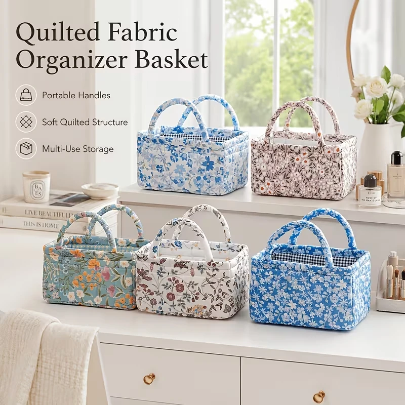 Vintage Floral Quilted Storage Basket with Handles, Portable Fabric Organizer for Cosmetics, Toiletries & Travel