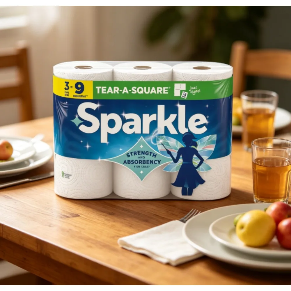 Sparkle tear-off square paper towels, 3 rolls of 3-ply = 9 rolls of regular paper towels, strong double-ply paper towels, suitable for kitchen cleaning and daily wiping.