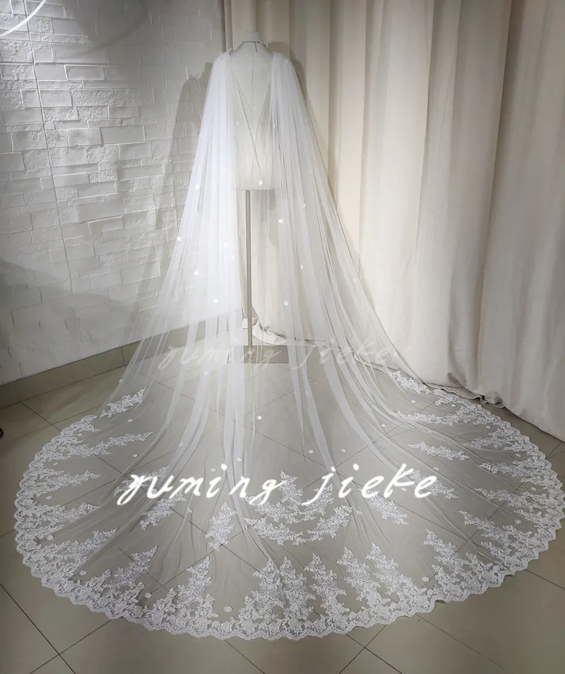 

3 Meters Lace Shoulder Veil Wedding Cape Cathedral Length Bridal Cloak in White ,Off-White ,Ivory