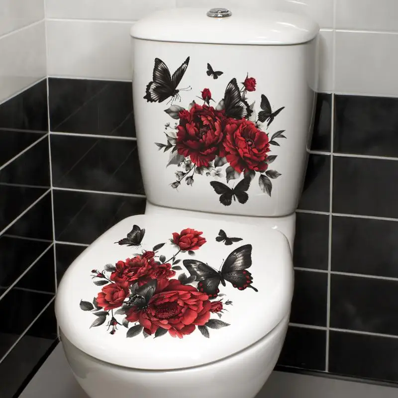 Red Rose And Black Butterfly Toilet Sticker Bathroom Realistic Floor Decal Waterproof Anti-Slip Removable Bathtub Decor