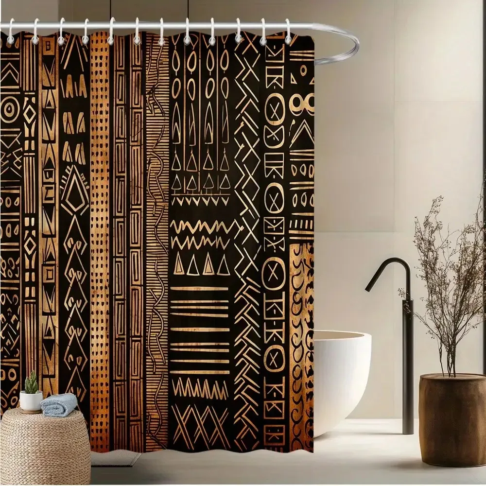 African Tribal Shower Curtain Black Gold Ethnic Art Decor Bathroom Fabric Panel with Hooks Washable Fade Resistant Modern