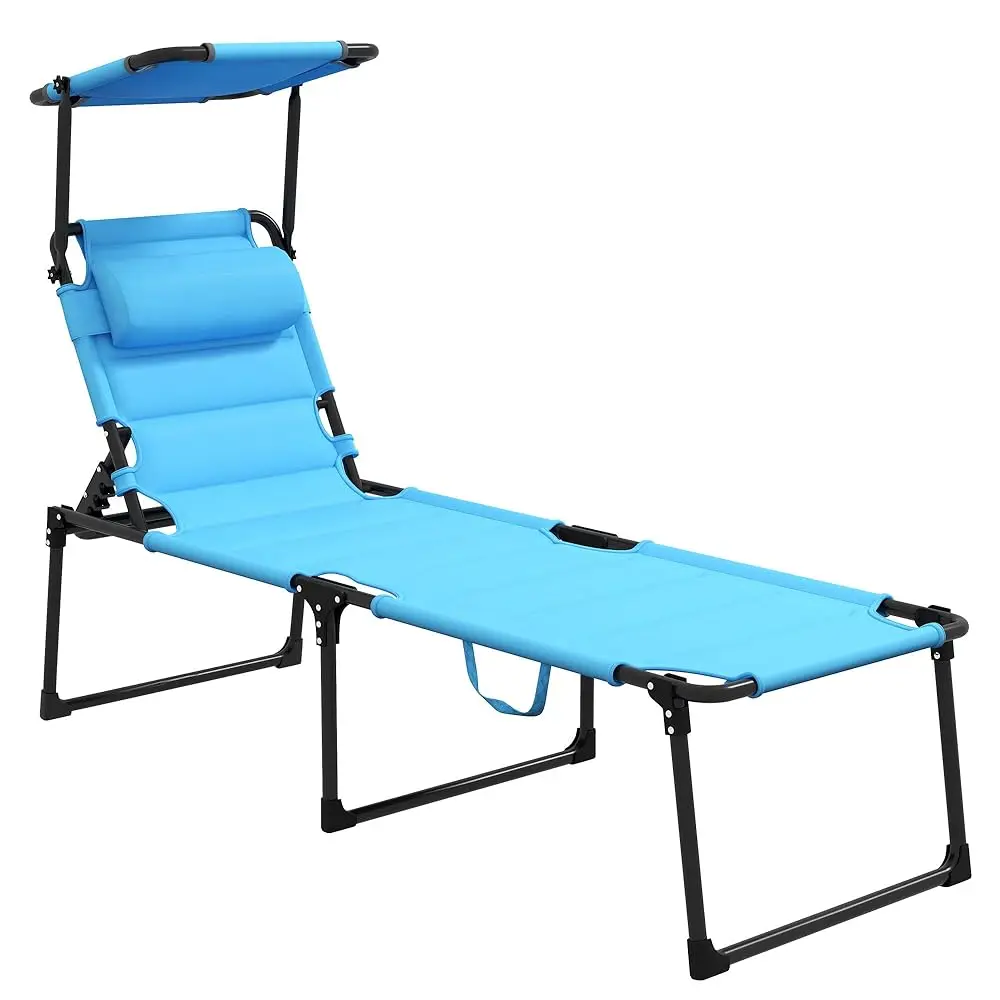 

Outdoor Lounge Chair, Adjustable Backrest Folding Chaise Lounge, Cushioned Tanning Chair With Sunshade Roof & Pillow Headrest