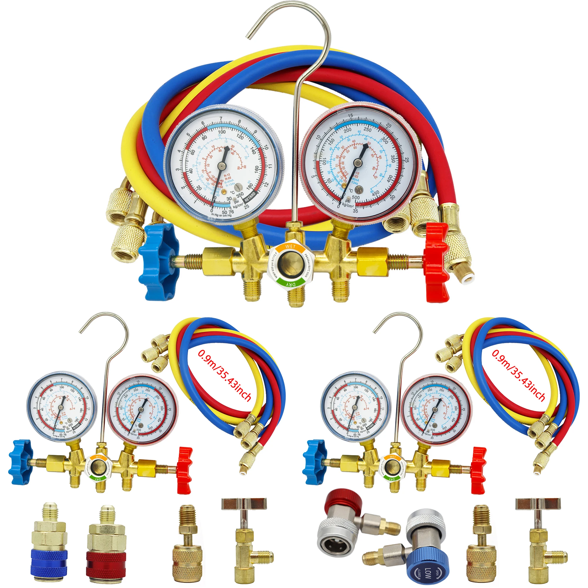Juego de manómetros para aire acondicionado R12, R22, R404A, R134a con mangueras y gancho - Herramienta de diagnóstico de aire acondicionado de 3 vías