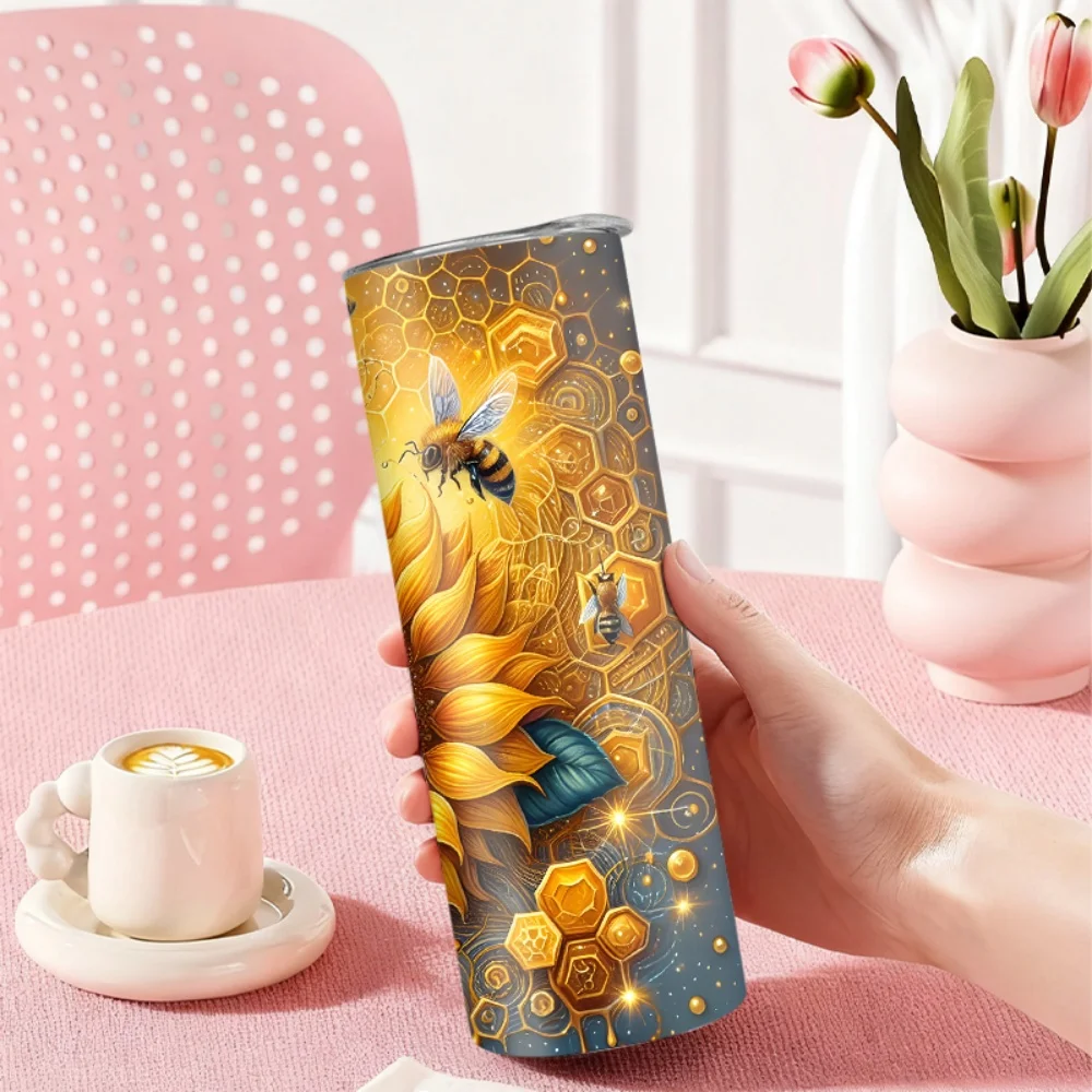 1pc Stainless Steel Water Bottle/Tumbler with Gold Sunflower and Bee Pattern — 20oz (591ml) — Includes Straw