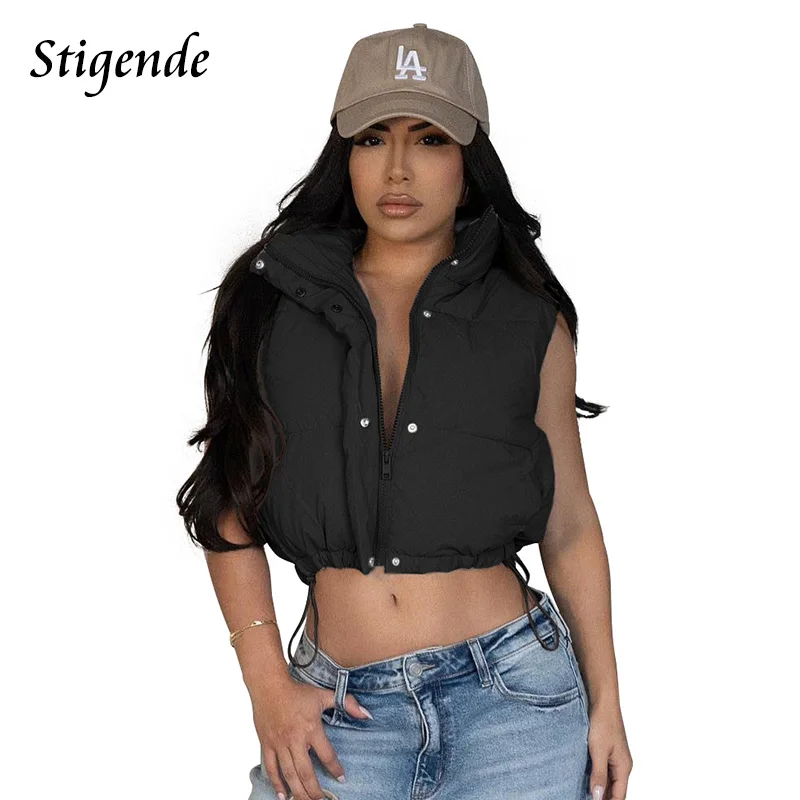 Stigende Cotton Padded Vest Women Drawstring Waist Zipper Button Sleeveless Parka