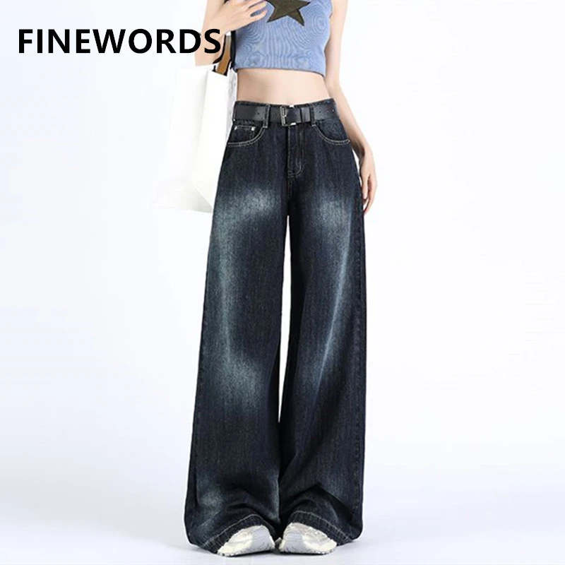 

FINEWORDS Retro Washed Blue High Waist Jeans Women Wide Leg Korean Jeans Streetwear Easymatch Harajuku Baggy Jeans