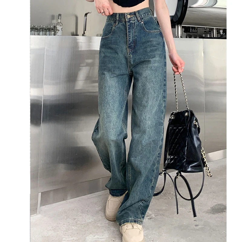 Jeans a gamba larga per donna Pantaloni a gamba dritta a contrasto a vita alta Pantaloni larghi da donna autunnali Streetwear