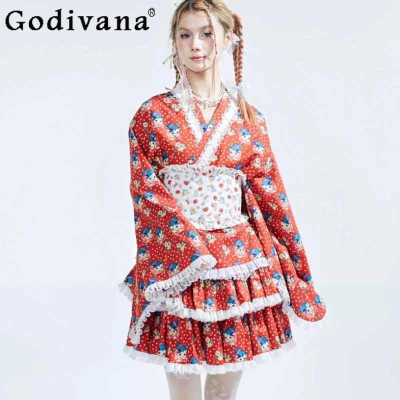 Japanese Retro Red Print Cute V-neck Lace Big Swing Sleeve Shirt Sweet Lolita High Waist A-line Age-reducing Princess Cake Skirt