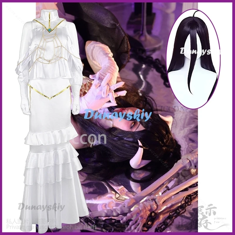 Anime Overlord Cosplay Albedo Costume Halloween Christmas Women Girls White Dress Sexy Lolita Horn Long Wigs Roleplay For Party