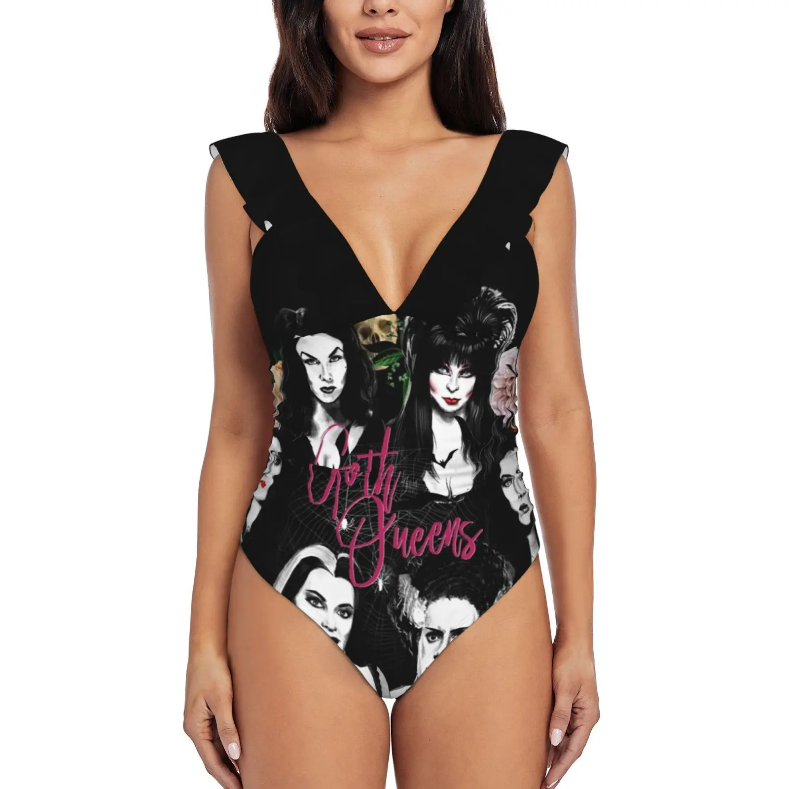 Goth Queens-Elvira , Vampira , Lily , Morticia , Women Swimsuit One Piece Backless Swimwear Sexy Beach Wear Summer Bathing