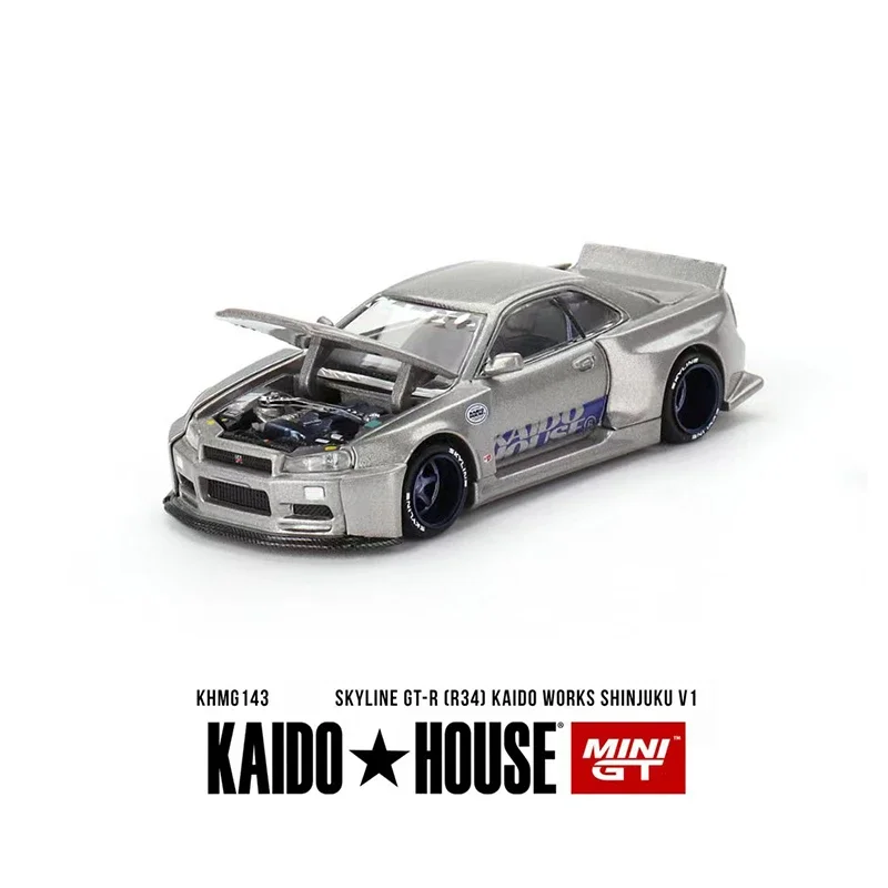 

MINIGT KHMG143 1:64 Skyline GTR R34 Kaido Works Shinjuku V1 Открываемый капот Литая под давлением модель автомобиля Kaido House