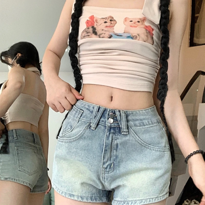 

Синие джинсовые шорты, женские повседневные прямые брюки с высокой талией в стиле ретро