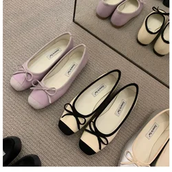 Elegant Woman Classic Square Toe Bowtie Ballerina Flats Ladies Soft Loafers Comfortable Low Heels Shallow Mouth Ballet Shoes