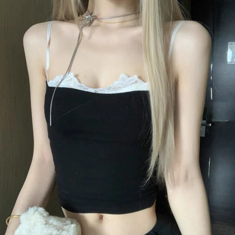 

Short Beautiful Camisole Lace Edge Camisole Casual Style O Neck Design Regular Clothing Length Slight Stretch Elasticity
