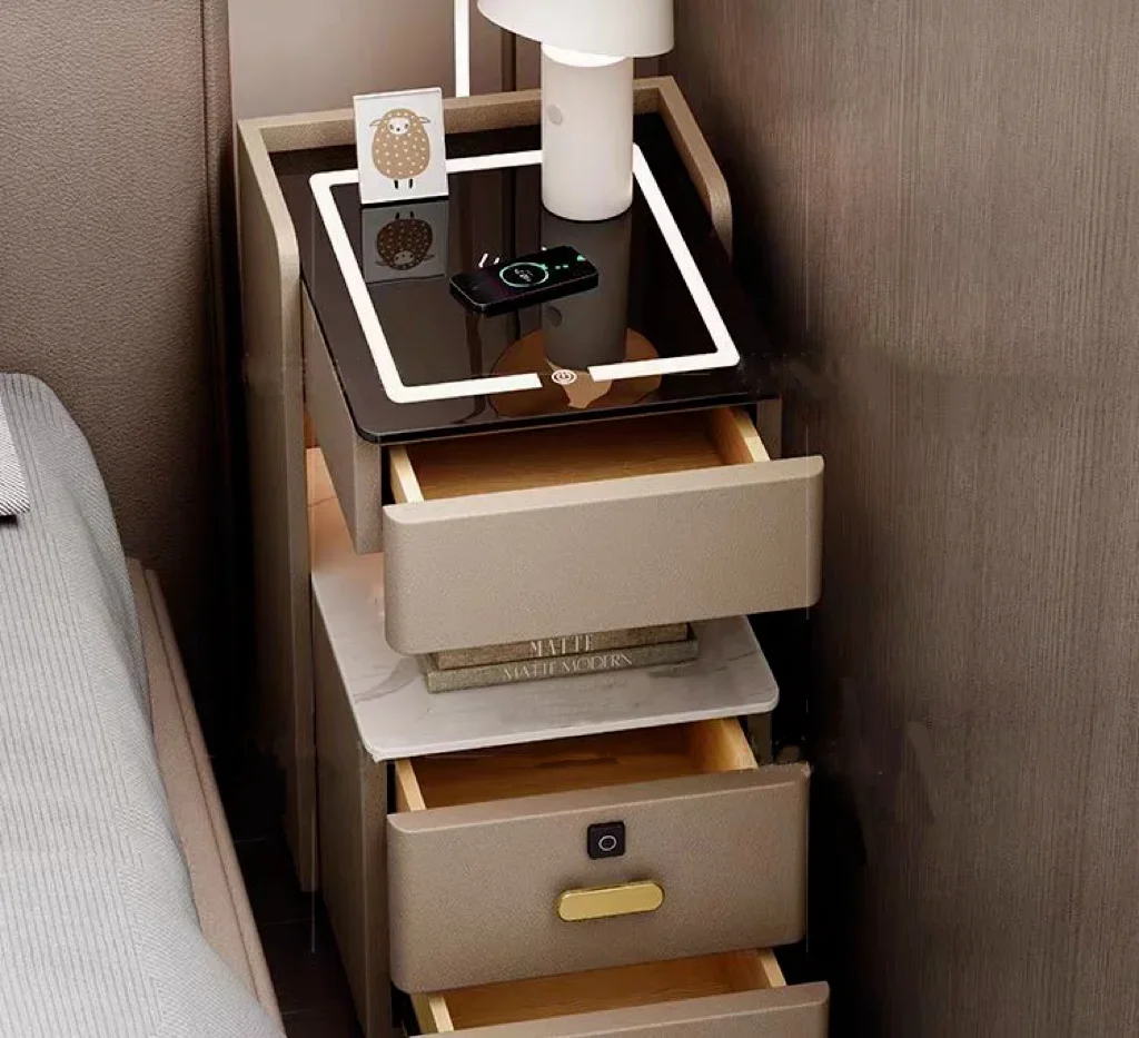 2026 Modern Smart Bedside Table Storage New Design Home Furniture Leather USB Type C Wireless Charging Port Small Side Table For