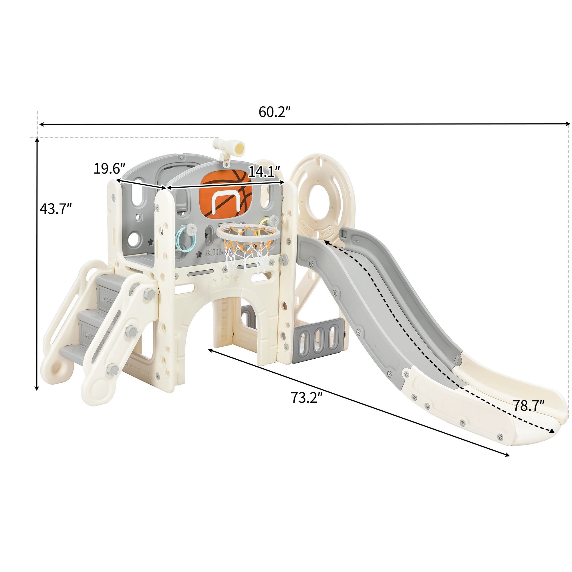 Kids' Slide Playset Estrutura, Castelo Autoportante Escalada Crawling Playhouse com Slide, Arch Tunnel, Ring Toss e Basquete