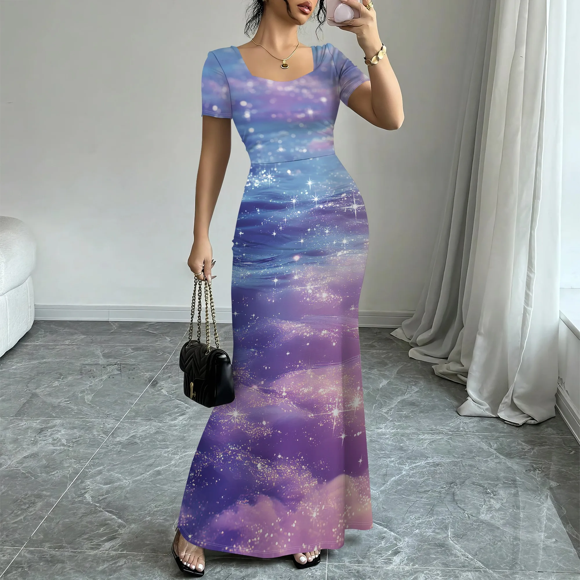 

Women’s Galaxy Print Short Sleeve Maxi Dress Elegant Slim Fit Summer Evening Wedding Party Long Dress XS-3XL
