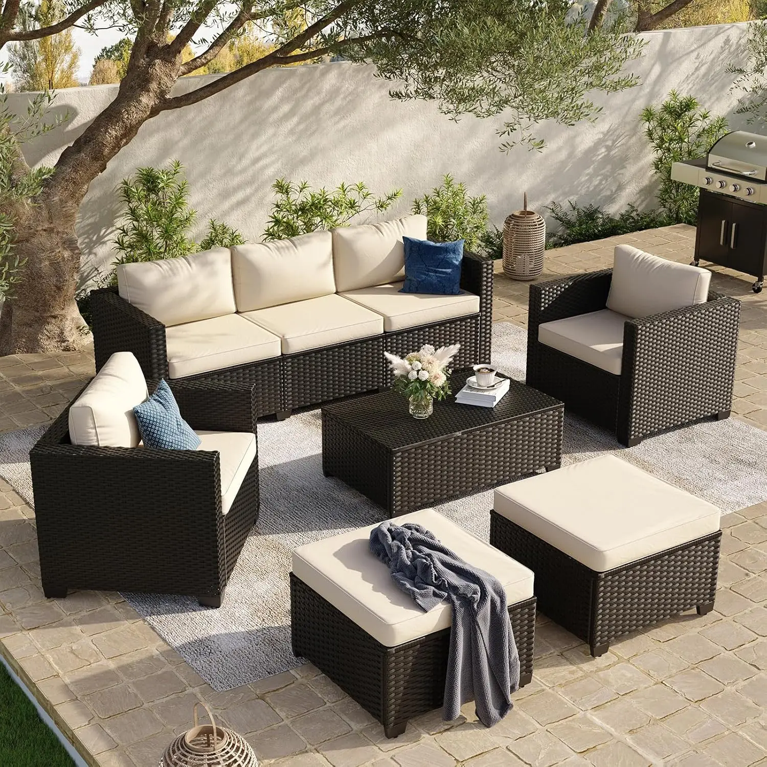 

8 Piece Outdoor Patio Furniture Set 7 Seats, Outdoor Sectional with Thick Waterproof Cushions & Storage Coffee Table, Beige