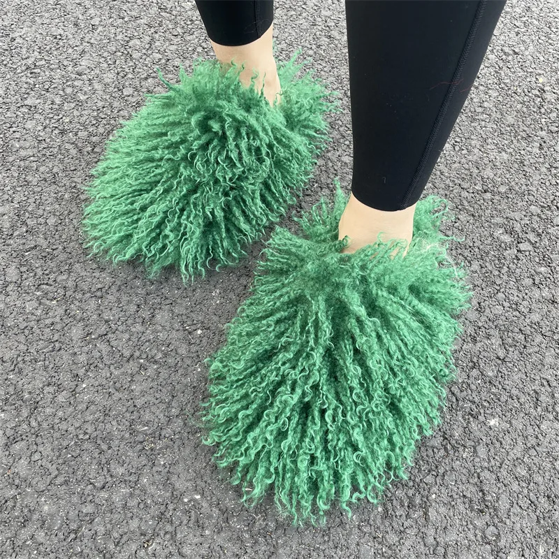 Women\'s New Winter Imitation Sheep Plush Slippers Fashionable Round Headed Imitation Mongolian Plush Slippers Women\'s Flat Shoes