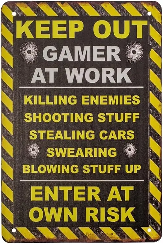 TG,LLC Treasure Gurus Funny Metal Caution Gamer at Work Keep Out Wall Door Sign Novelty Kids Bedroom Dorm Man Cave Decor
