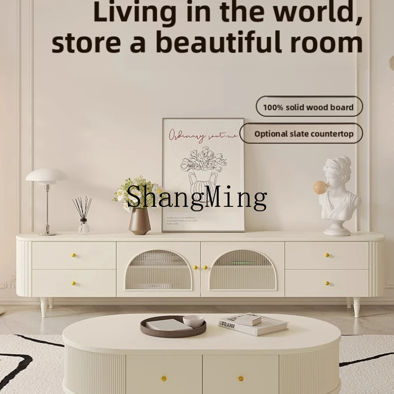 

DHY TV cabinet coffee table combination simple solid wood milk white floor cabinet side cabinet
