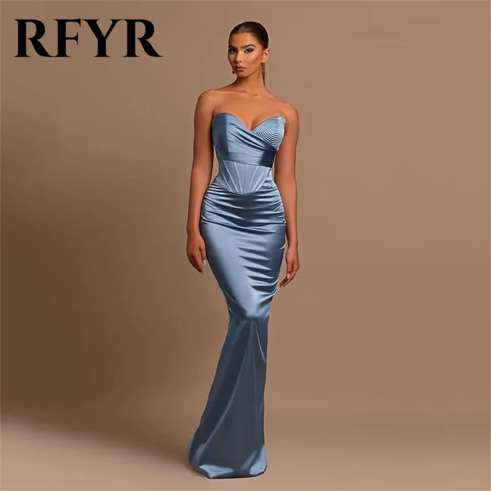 

RFYR Dark Blue 2024فستان سهرة Stain Sweetheart Simple Evening Dress Pleated Classical Long Meimaid Dresses For Formal Occasion