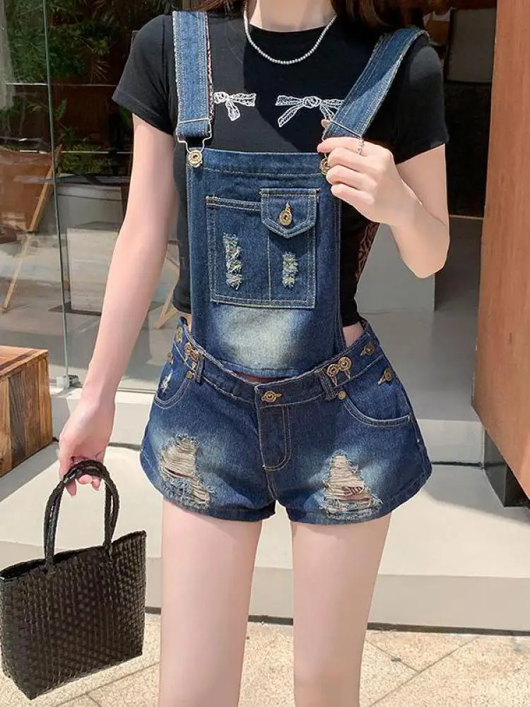 ヴィンテージ女性ブルーデニムスリムホリデーショーツジャンプスーツ夏のレディース多用途ストレートジーンズショートロンパースカジュアルストリートシック