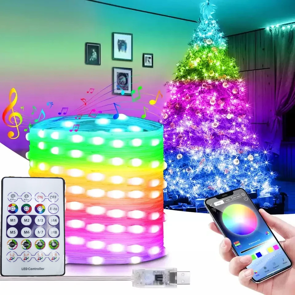 

USB RGB LED гирлянда 20 м, IP65, водонепроницаемая, с синхронизацией музыки, управлением через приложение и пультом ДУ, для рождественских вечеринок и декора сада